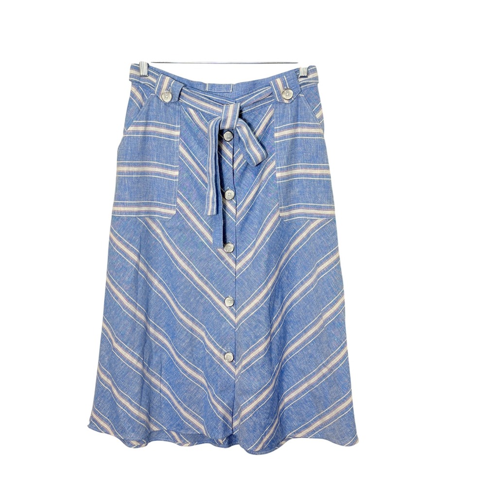 Womens Striped Linen Blend Button Front Skirt Size S Preppy Academia Nautical